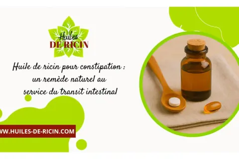 Huile de ricin pour constipation : un remède naturel pour le transit intestinal. Une petite bouteille d'huile et une pilule sur une cuillère.