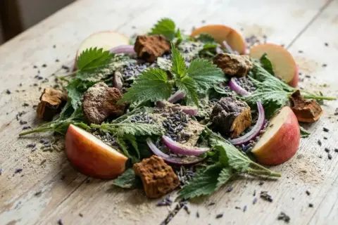 Un mélange de plantes, de morceaux de pommes, d'oignons rouges et de lavande séchée, évoquant un remède naturel contre le type d'allergie saisonnière.