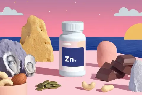 Flacon de zinc, huîtres, noix, pépins, chocolat. Attention au pidolate de zinc, danger potentiel.