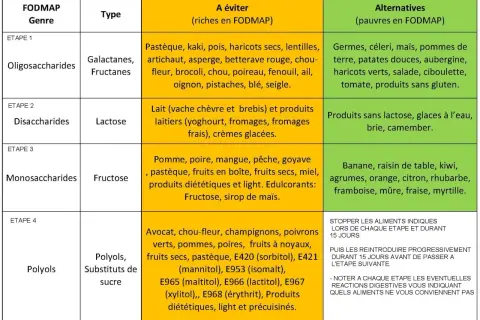 Tableau des aliments riches et pauvres en FODMAP. Découvrez les fruits sans FODMAP comme la banane, le kiwi, les agrumes, etc.