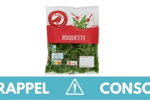 Sachet de roquette Auchan, 125g. La roquette est appréciée pour ses bienfaits nutritionnels et son goût poivré. Rappel conso.