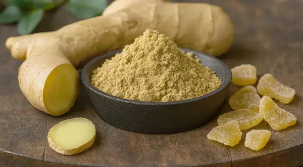 Gingembre frais, en poudre et confit. Attention au danger du gingembre hypertension, à consommer avec modération.