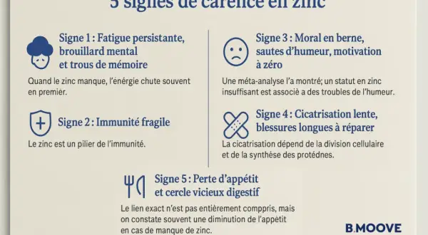 Cinq signes de carence en zinc : fatigue, immunité fragile, moral bas, cicatrisation lente, perte d'appétit. Le manque de zinc affecte l'énergie.