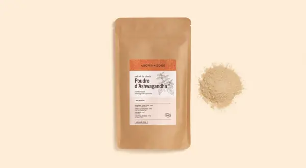Poudre d'Ashwagandha Aroma-Zone. L'ashwagandha interdit en France pourquoi ? Ce produit est un ingrédient cosmétique bio d'origine indienne.