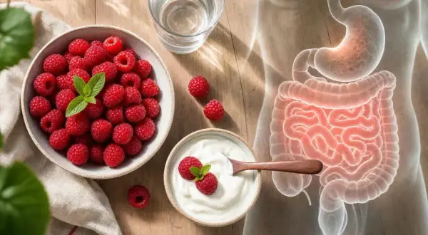 Framboises et yaourt pour une bonne digestion le soir. Le système digestif est représenté en rouge.