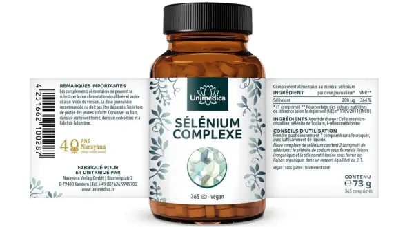 Flacon de sélénium complexe Unimedica. Conseils d'utilisation : prendre 1 comprimé quotidiennement avec du liquide.