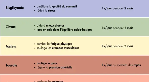 Tableau comparatif des formes de magnésium et de leurs bienfaits : bisglycinate pour le sommeil/stress, citrate pour la digestion, malate pour la fatigue/crampes, taurate pour le cœur/pression, thréonate pour la mémoire.