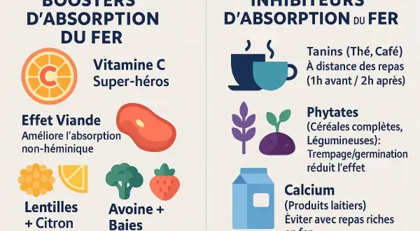 Boosters et inhibiteurs d'absorption du fer : Vitamine C, viande, lentilles, avoine, baies aident, tandis que tanins, phytates et calcium peuvent nuire à l'absorption du fer héminique.