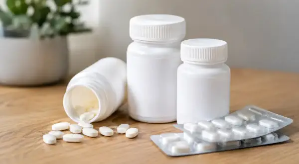 Bouteilles et blisters de pilules blanches sur une table en bois. Le coenzyme Q10 peut aider à gérer l'arthrose.