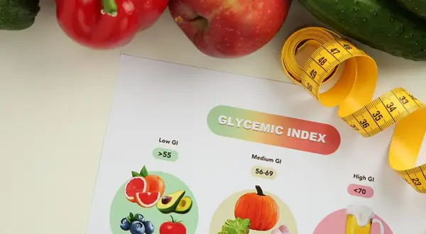Tableau sur l'index glycémique des aliments, avec des fruits et légumes. Un mètre ruban jaune symbolise la mesure.