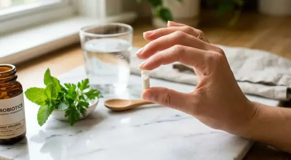 Main tenant une pilule, une main est près d'un verre d'eau, d'une bouteille de probiotiques et de menthe. Le **Lactobacillus gasseri** est souvent utilisé, mais il faut être conscient de tout **danger**.