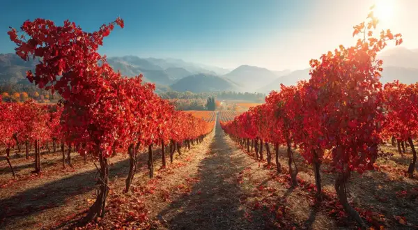 Vigne rouge en automne, un spectacle saisissant. L'effet est immédiat, une explosion de couleurs flamboyantes sous le soleil.