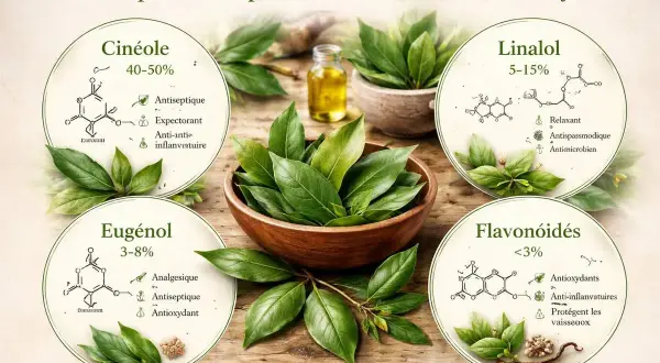 Feuilles de laurier : découvrez les bienfaits des composés comme le cinéole, l'eugénol, le linalol et les flavonoïdes pour la santé.