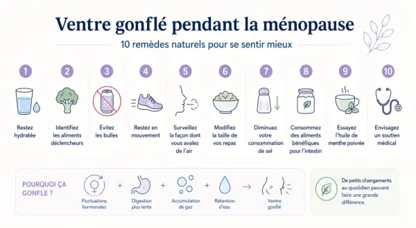 Infographie sur le ventre gonflé pendant la ménopause, proposant 10 remèdes naturels, dont l'huile de menthe poivrée pour soulager le ventre gonflé.