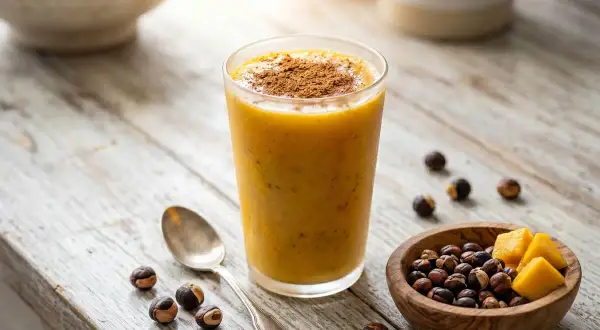 Smoothie orangé saupoudré de cannelle, avec des noisettes et des dés de mangue. Un délice pour profiter du guarana bienfait.