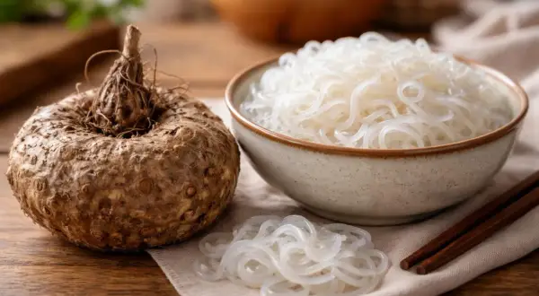 Racine de konjac et nouilles translucides. Le konjac est interdit en France, mais ces nouilles sont populaires ailleurs.