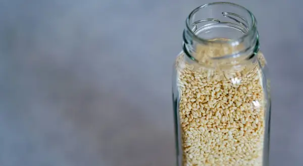 Bain de bouche huile de sésame : un bocal en verre rempli de graines de sésame claires sur fond gris.