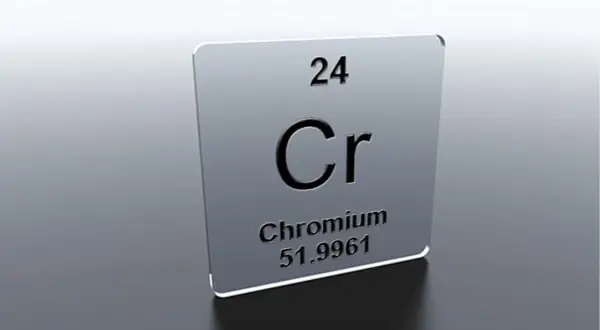 Plaque d'élément chimique du chrome (Cr), numéro atomique 24. Le chrome peut avoir des effets secondaires s'il est mal utilisé.