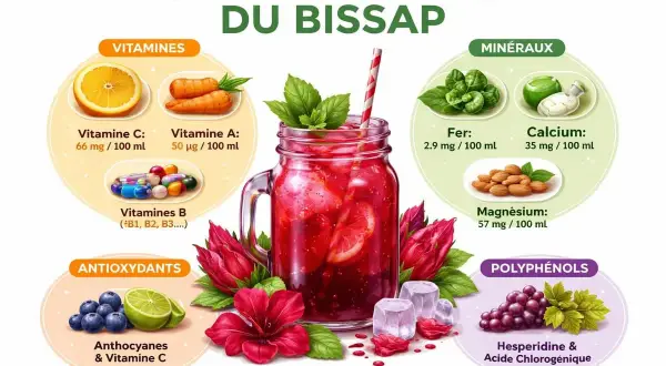 Profil nutritionnel du bissap : une boisson rafraîchissante riche en vitamines, minéraux et antioxydants, comme la vitamine C et les anthocyanes.