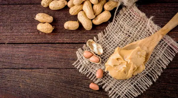 Une cuillère de beurre de cacahuète crémeux, avec des cacahuètes entières et décortiquées à proximité. Attention, la cacahuète peut présenter un danger pour les personnes allergiques.