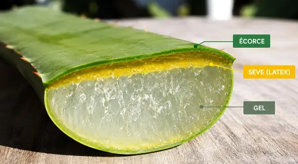 Coupe d'une feuille d'aloe vera montrant le gel et la sève (latex), dont la consommation peut présenter un danger.