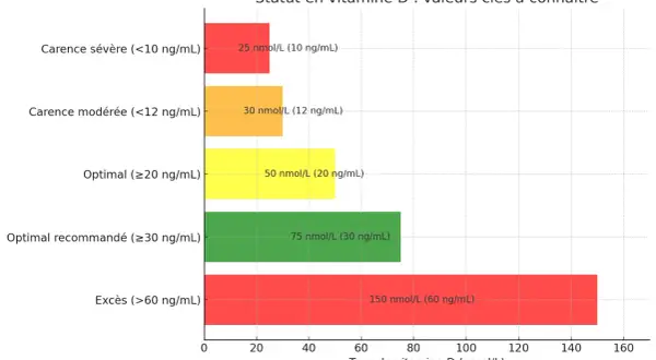 Graphique montrant les niveaux de vitamine D : carence sévère, modérée, optimal, recommandé et excès. Une prise de sang est nécessaire pour connaître son statut.