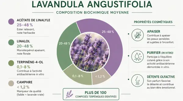 Composition de l'huile essentielle de lavande, ses bienfaits : apaisant, purifiant et détente olfactive. Plus de 100 composés identifiés.