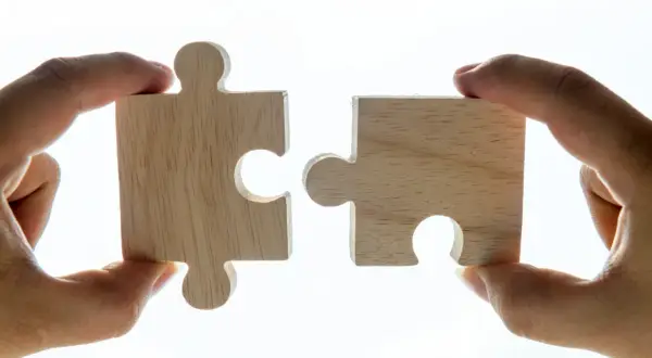 Deux pièces de puzzle en bois, tenues par des mains, symbolisent l'union parfaite de la vitamine D et du magnésium en même temps.