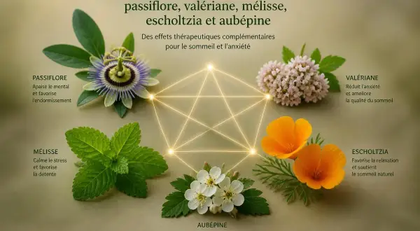Fleurs de passiflore, valériane, mélisse, escholtzia et aubépine en synergie. La valériane et ses bienfaits pour le cerveau, le sommeil et l'anxiété.