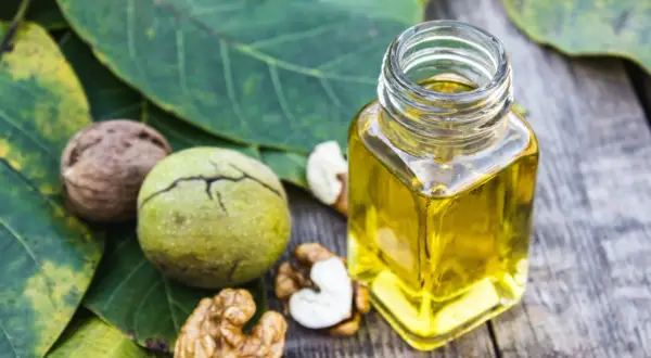 Bouteille d'huile de noix dorée sur des feuilles vertes, entourée de noix entières et décortiquées. Découvrez les bienfaits de l'huile de noix.