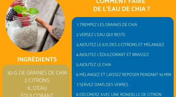Verre de **graine de chia dans l'eau** avec des fruits rouges et une cuillère remplie de graines. Recette pour faire de l'eau de chia.