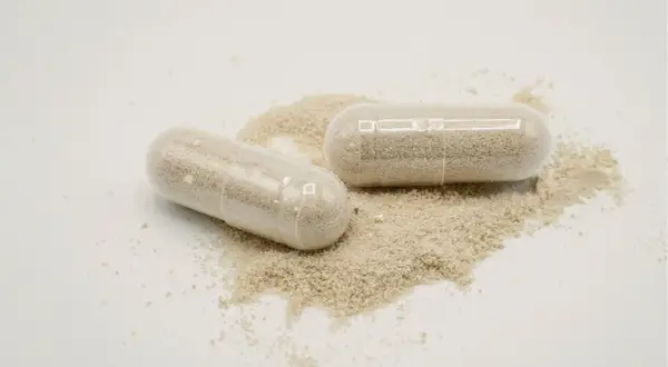 Deux gélules transparentes remplies de poudre beige, posées sur un tas de poudre. Une dose maximale de vitamine D pour votre bien-être.