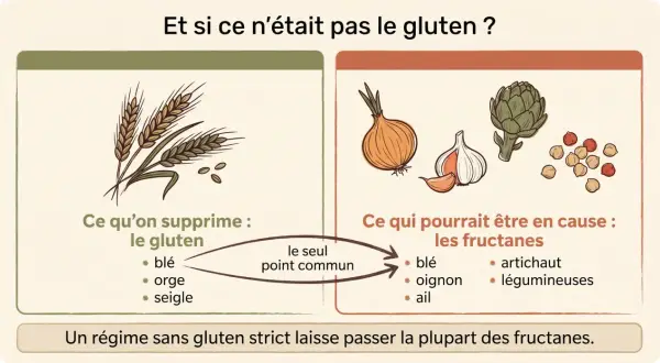 Illustration comparant les aliments à supprimer en cas d'intolérance au gluten (blé, orge, seigle) et ceux qui pourraient être en cause (fructanes : blé, oignon, ail, artichaut, légumineuses).