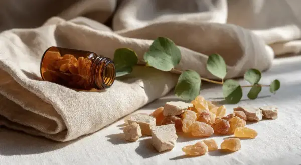 Grains de résine ambrée et morceaux de Boswellia serrata sur un tissu, avec une branche d'eucalyptus. Attention aux contre-indications.