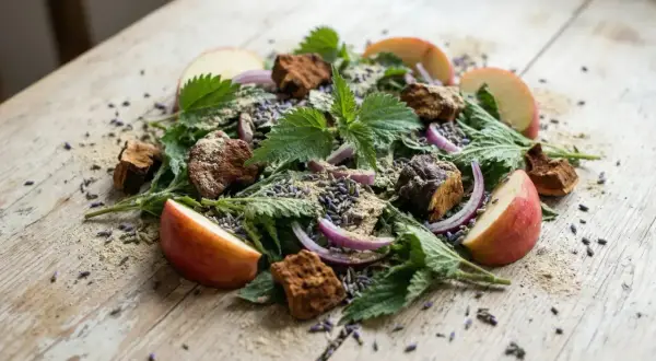 Un mélange de plantes, de morceaux de pommes, d'oignons rouges et de lavande séchée, évoquant un remède naturel contre le type d'allergie saisonnière.