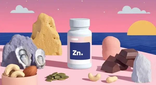 Flacon de zinc, huîtres, noix, pépins, chocolat. Attention au pidolate de zinc, danger potentiel.
