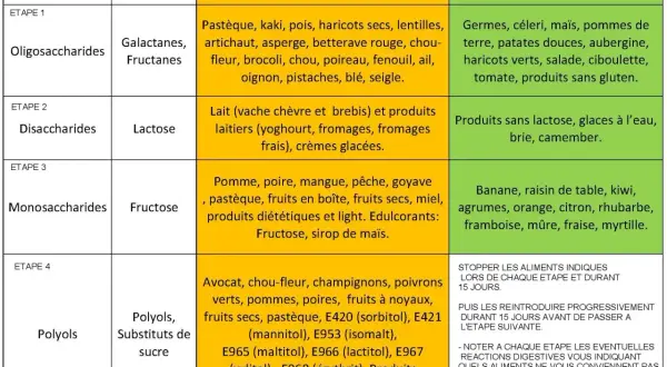 Tableau des aliments riches et pauvres en FODMAP. Découvrez les fruits sans FODMAP comme la banane, le kiwi, les agrumes, etc.