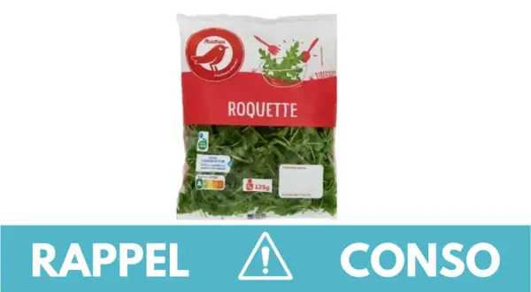 Sachet de roquette Auchan, 125g. La roquette est appréciée pour ses bienfaits nutritionnels et son goût poivré. Rappel conso.
