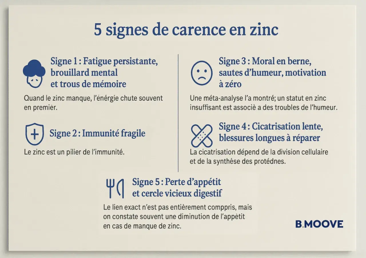 Cinq signes de carence en zinc : fatigue, immunité fragile, moral bas, cicatrisation lente, perte d'appétit. Le manque de zinc affecte l'énergie.