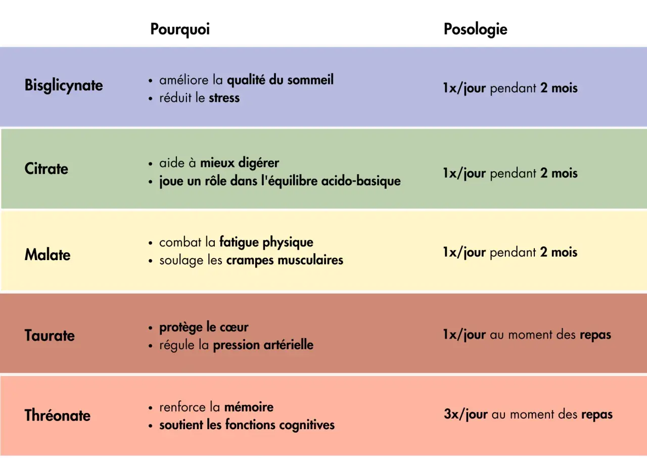 Tableau comparatif des formes de magnésium et de leurs bienfaits : bisglycinate pour le sommeil/stress, citrate pour la digestion, malate pour la fatigue/crampes, taurate pour le cœur/pression, thréonate pour la mémoire.