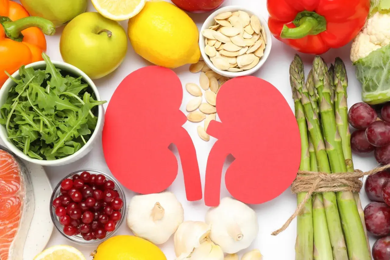Des aliments sains entourent des reins en papier rouge. La question "le thé est-il mauvais pour les reins ?" est posée.