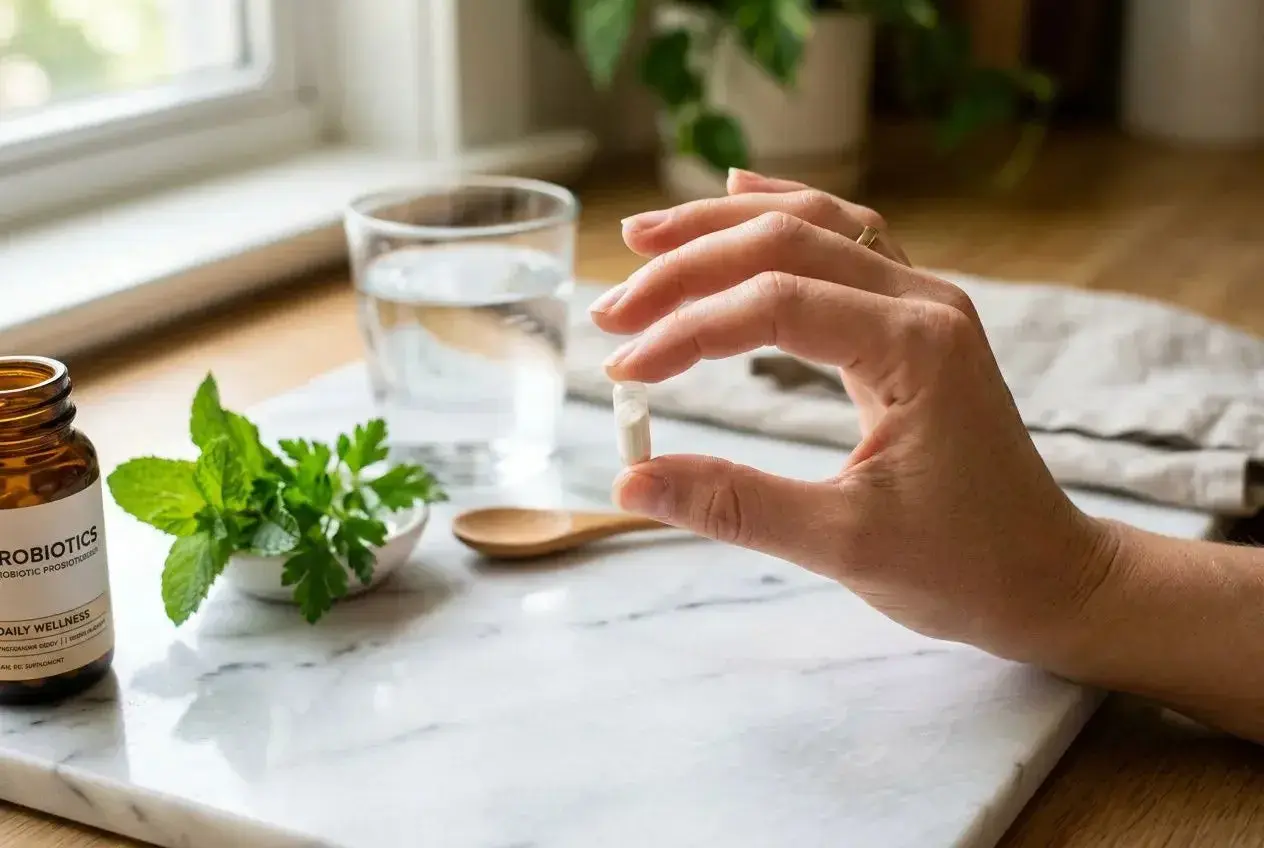 Main tenant une pilule, une main est près d'un verre d'eau, d'une bouteille de probiotiques et de menthe. Le **Lactobacillus gasseri** est souvent utilisé, mais il faut être conscient de tout **danger**.