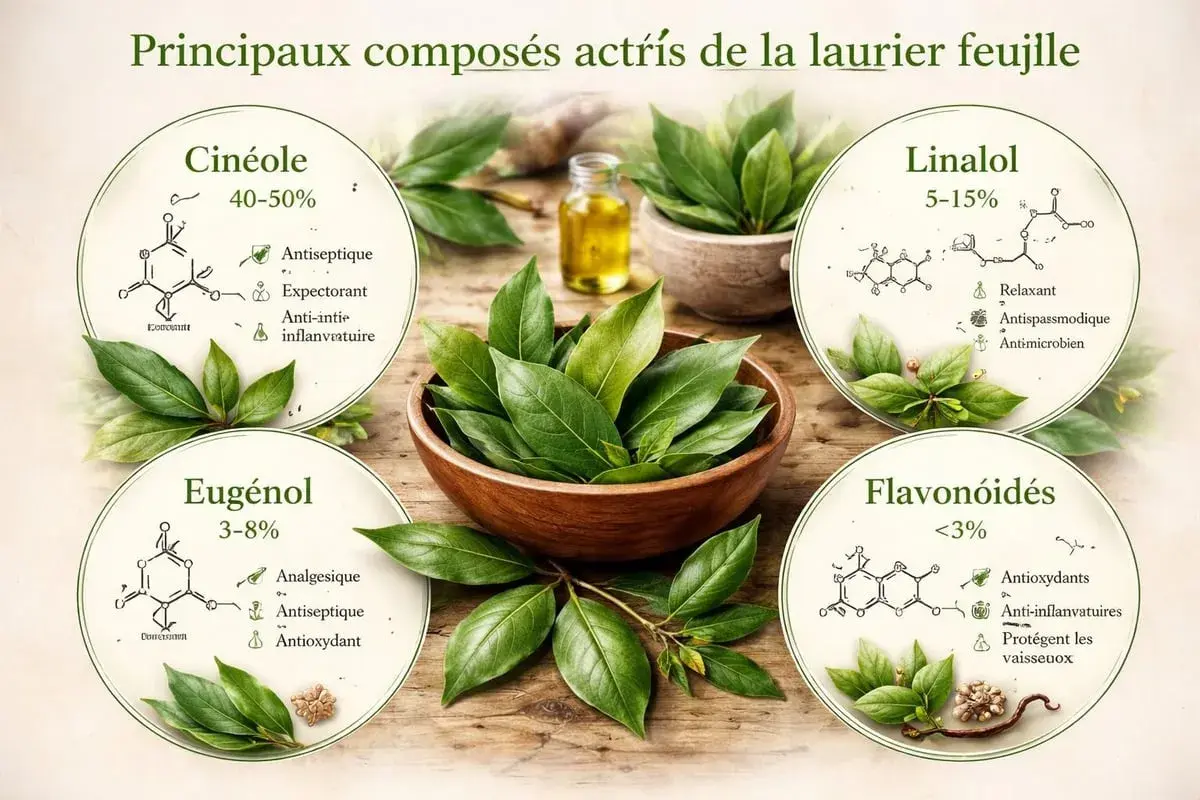 Feuilles de laurier : découvrez les bienfaits des composés comme le cinéole, l'eugénol, le linalol et les flavonoïdes pour la santé.