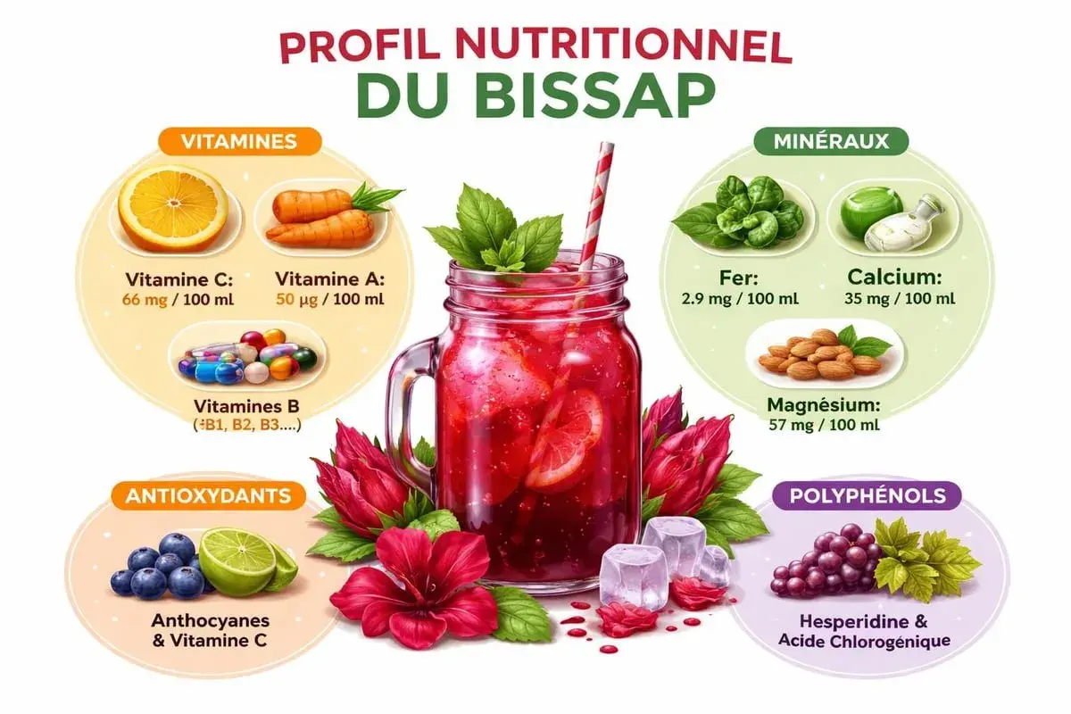Profil nutritionnel du bissap : une boisson rafraîchissante riche en vitamines, minéraux et antioxydants, comme la vitamine C et les anthocyanes.