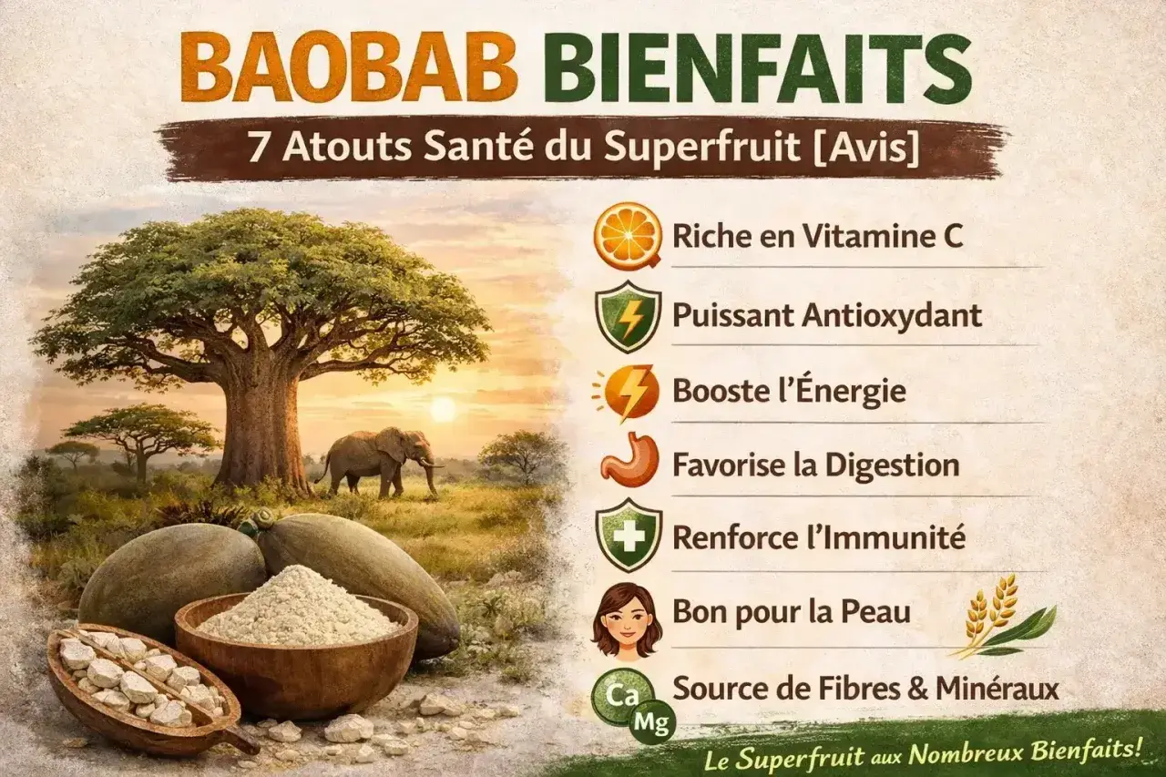 Le baobab, un superfruit aux nombreux bienfaits, est riche en vitamine C, antioxydant, booste l'énergie, favorise la digestion, renforce l'immunité et est bon pour la peau.