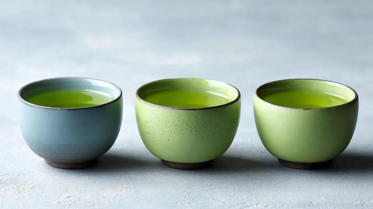 Trois tasses de thé vert vif, une bleue et deux vertes, sur un fond gris. Idéal pour connaître la dose maximale de thé vert par jour.