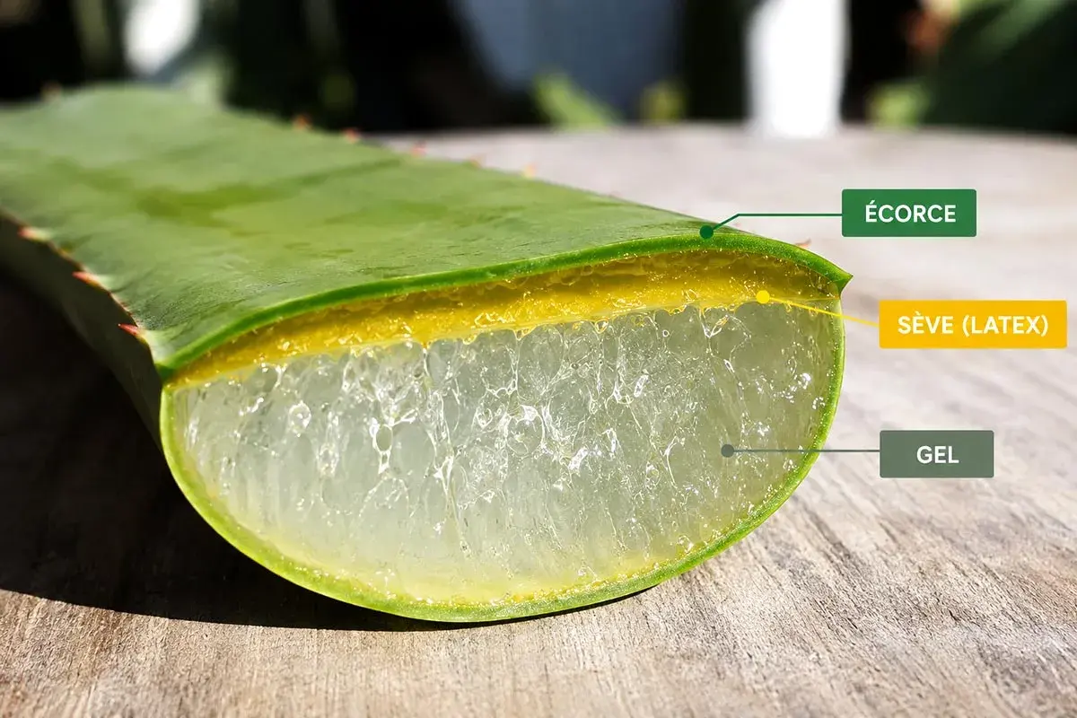 Coupe d'une feuille d'aloe vera montrant le gel et la sève (latex), dont la consommation peut présenter un danger.
