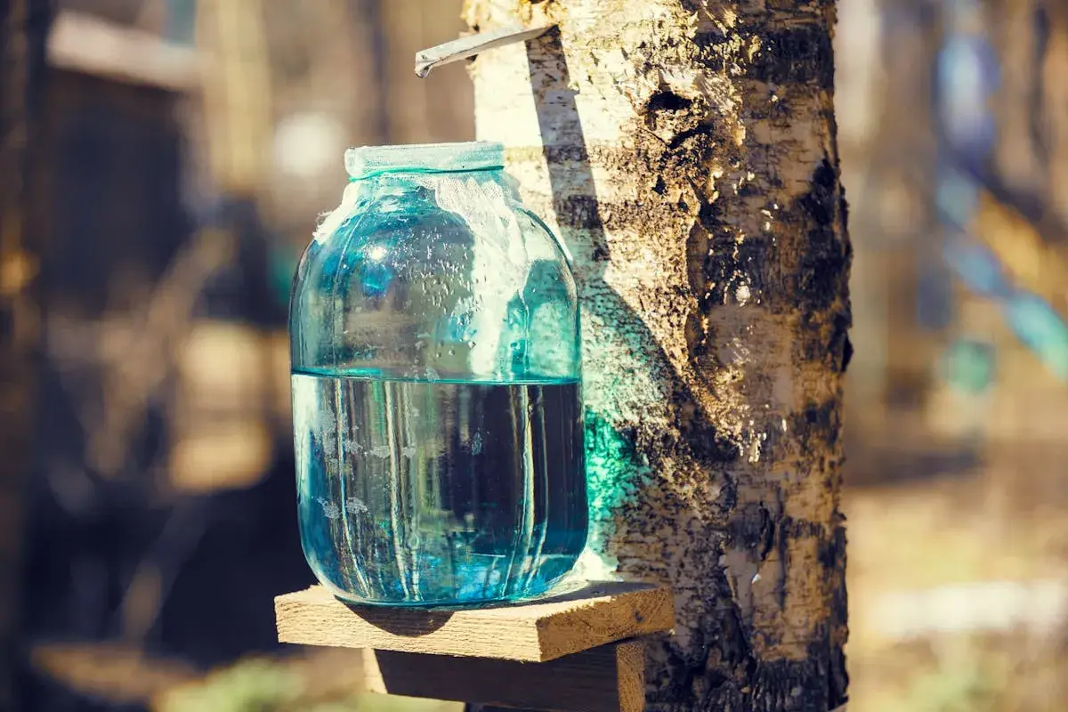 Bocal de verre rempli de jus de bouleau, récolté directement de l'arbre. Découvrez les jus de bouleau bienfaits pour la santé.