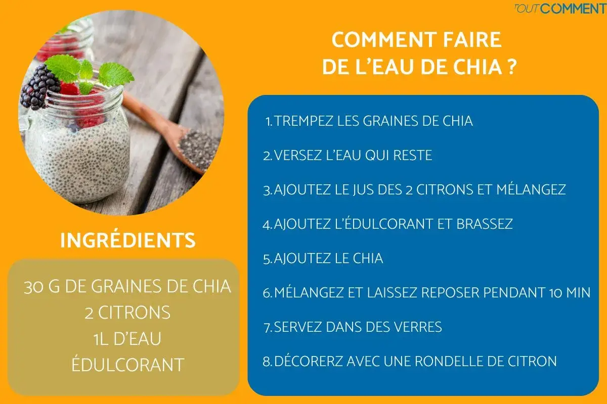 Verre de **graine de chia dans l'eau** avec des fruits rouges et une cuillère remplie de graines. Recette pour faire de l'eau de chia.