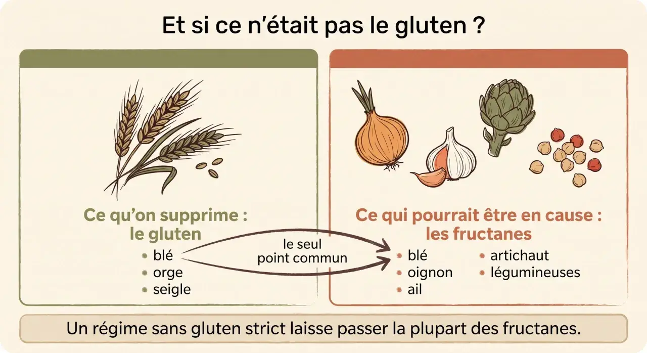 Illustration comparant les aliments à supprimer en cas d'intolérance au gluten (blé, orge, seigle) et ceux qui pourraient être en cause (fructanes : blé, oignon, ail, artichaut, légumineuses).